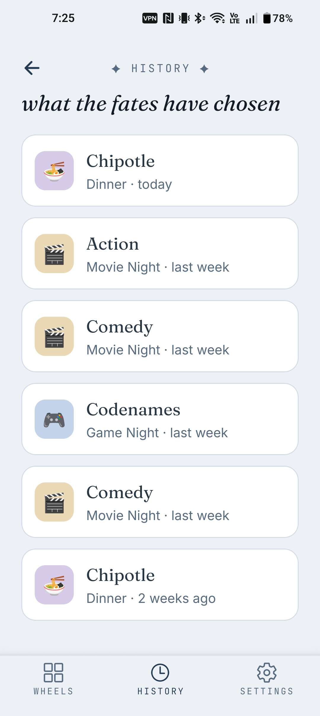 The spin history screen, listing past choices with the wheel and date they were chosen