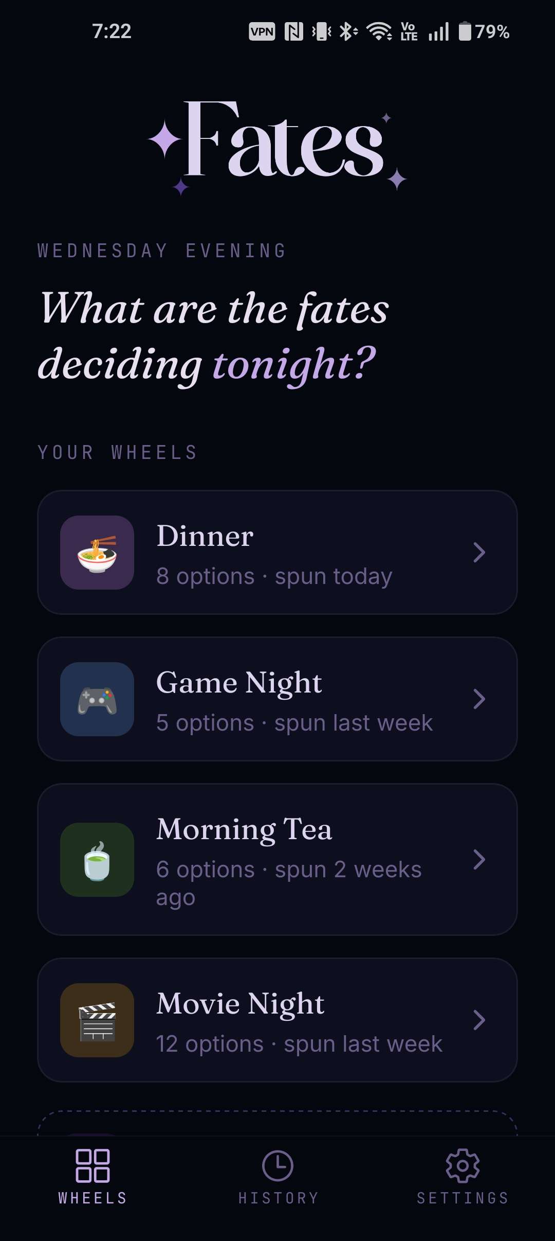 A list of saved wheels: Dinner, Game Night, Morning Tea, Movie Night