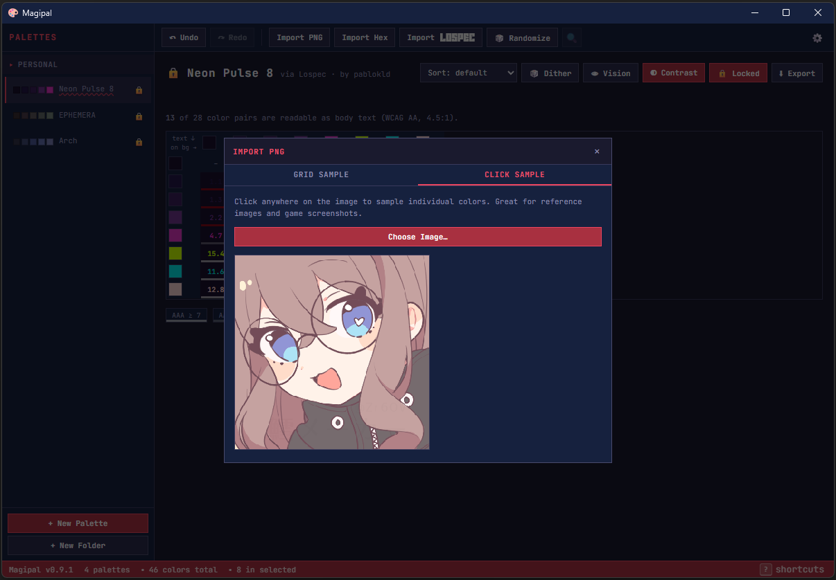 The PNG import dialog on its click-sample tab, picking individual colours from a piece of reference art.