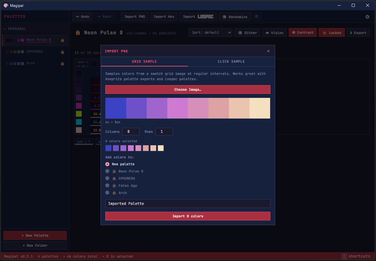 The PNG import dialog on its grid-sample tab, reading eight colours from a swatch strip at a set number of columns and rows.