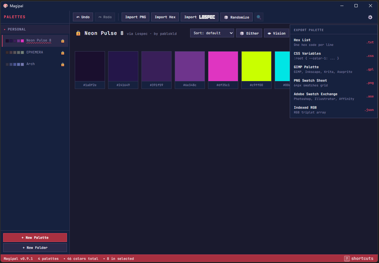 The export menu: hex list, CSS variables, GIMP palette, PNG swatch sheet, Adobe Swatch Exchange, and indexed RGB.
