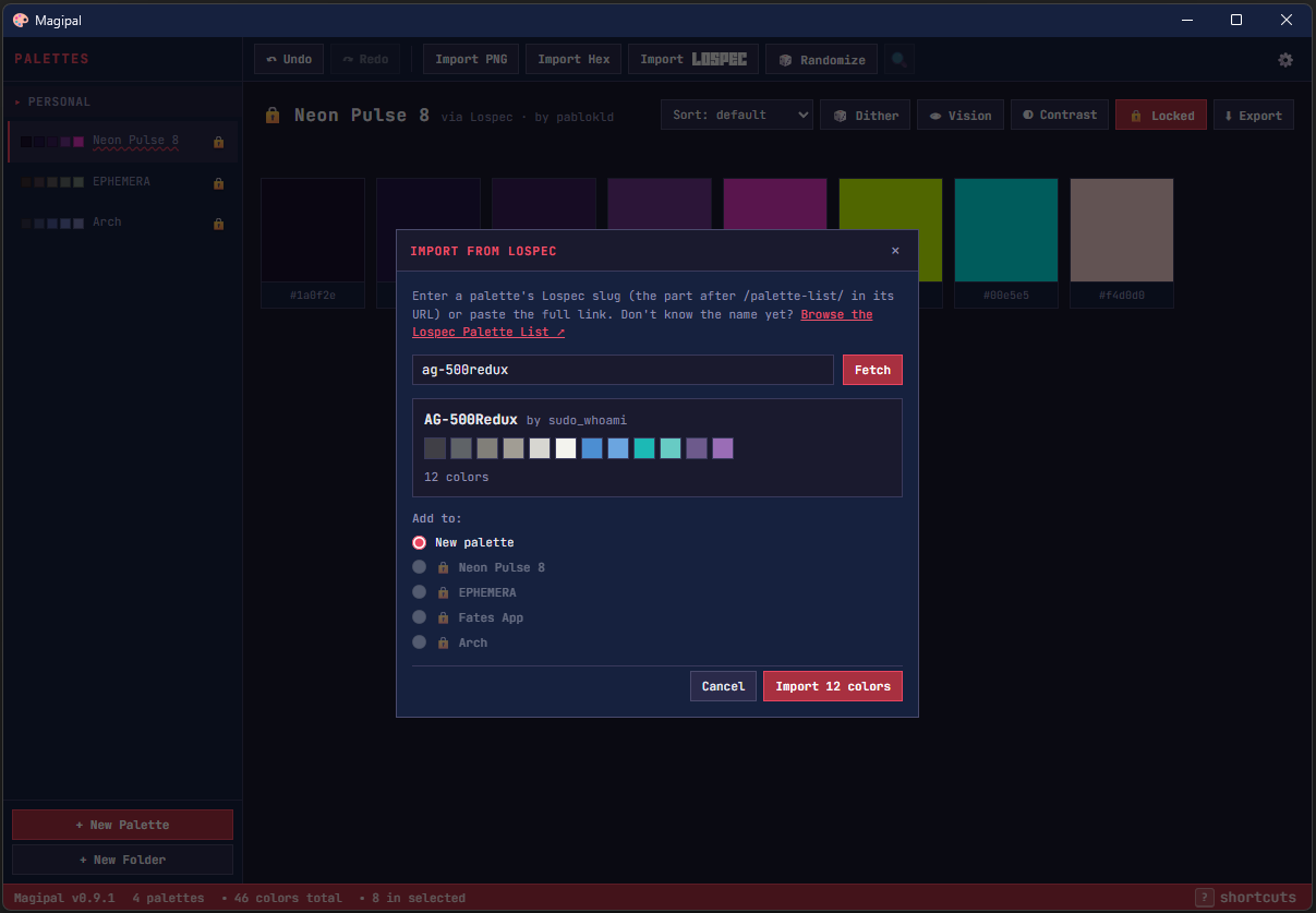 The Lospec import dialog: a palette slug has been fetched, previewing AG-500Redux by sudo_whoami and its twelve colours before import.
