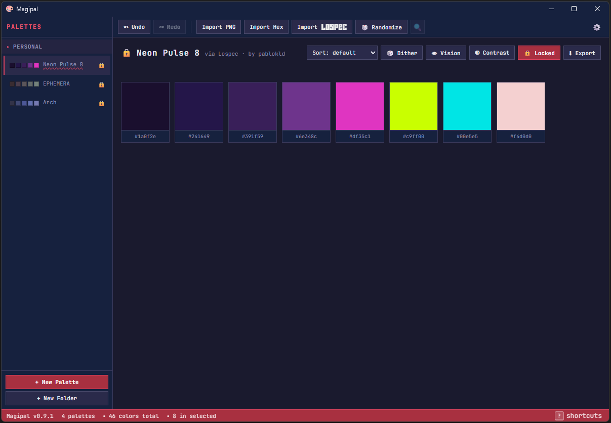 The Magipal window: a sidebar of saved palettes beside the eight swatches of Neon Pulse 8, each labelled with its hex code.