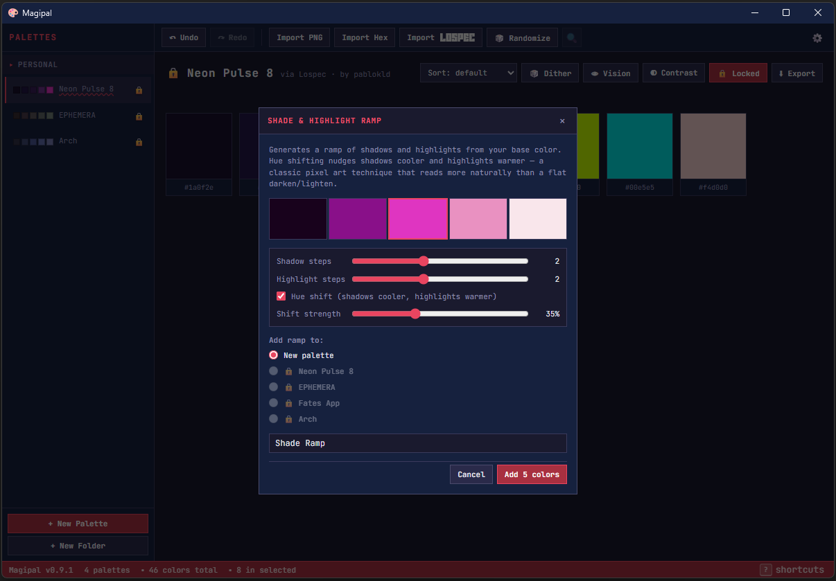 The ramp dialog: a five-step shade and highlight ramp from a magenta base, with hue-shift controls.